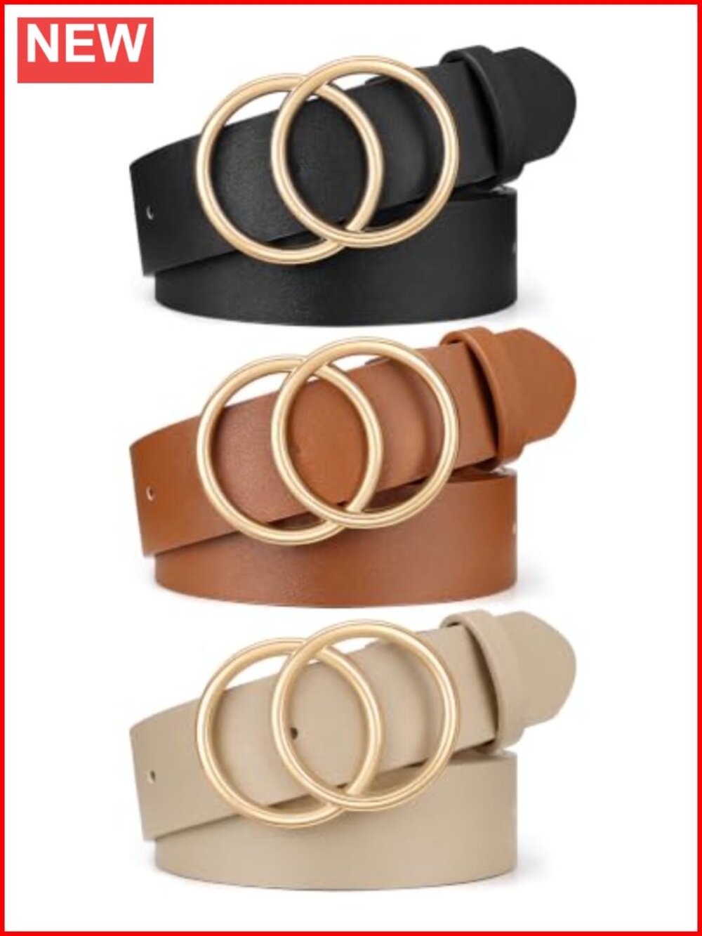 3 Pack Women's PU Leather Belts with Double O-Ring Gold Buckle